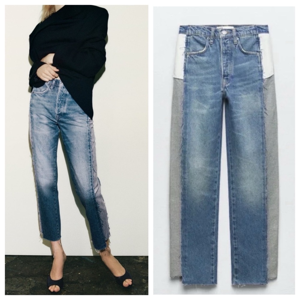ZARA RECONSTRUCTED CROPPED STRAIGHT DENIM JEANS | EUR 40 US 8